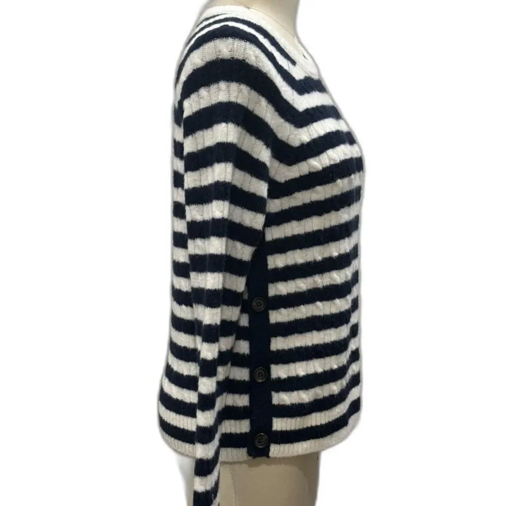 J.Crew Navy and White Stripe Sweater Womens Sz S Buttons-up on the Sides Coastal